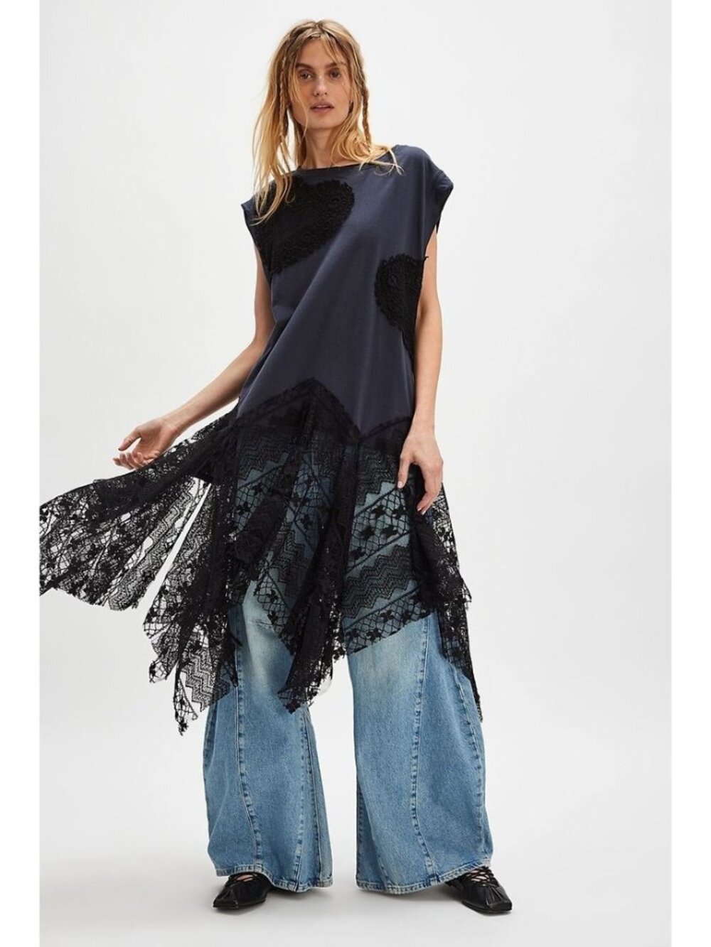 TRICIA FIX at Free People Heart Maxi Tee Lace Trim Oversized Black Gray LARGE